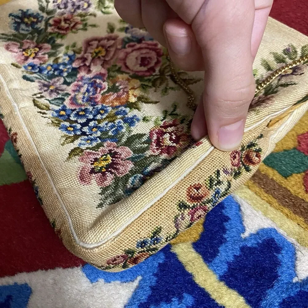 VTG Floral Needlepoint Purse Petit Point 7x10 Handbag Tapestry Handmade Evening
